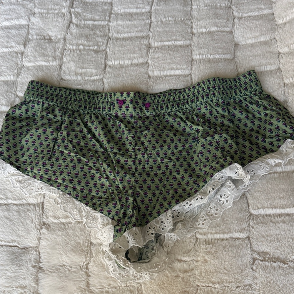 Anthropologie Green Floral Lace-Trim micro night wear.